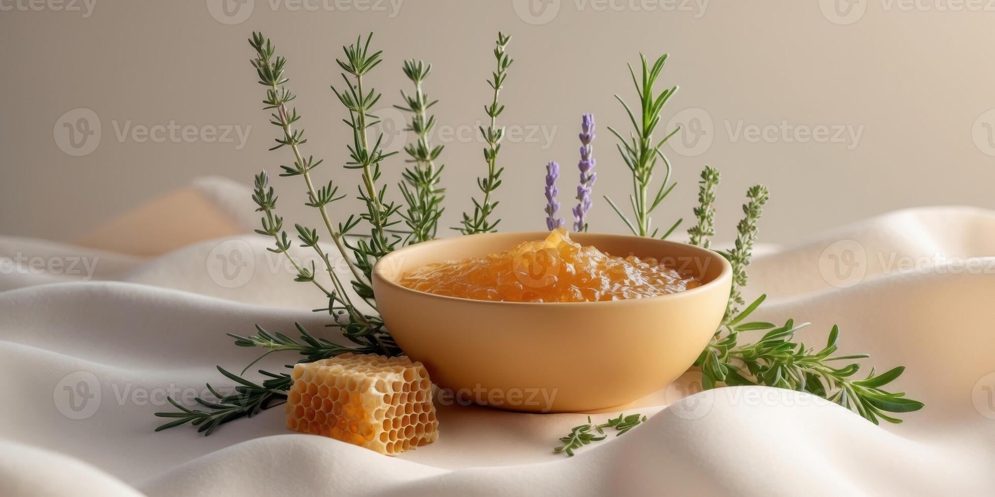 Golden honey bowl with herbs and honeycomb on neutral background photo