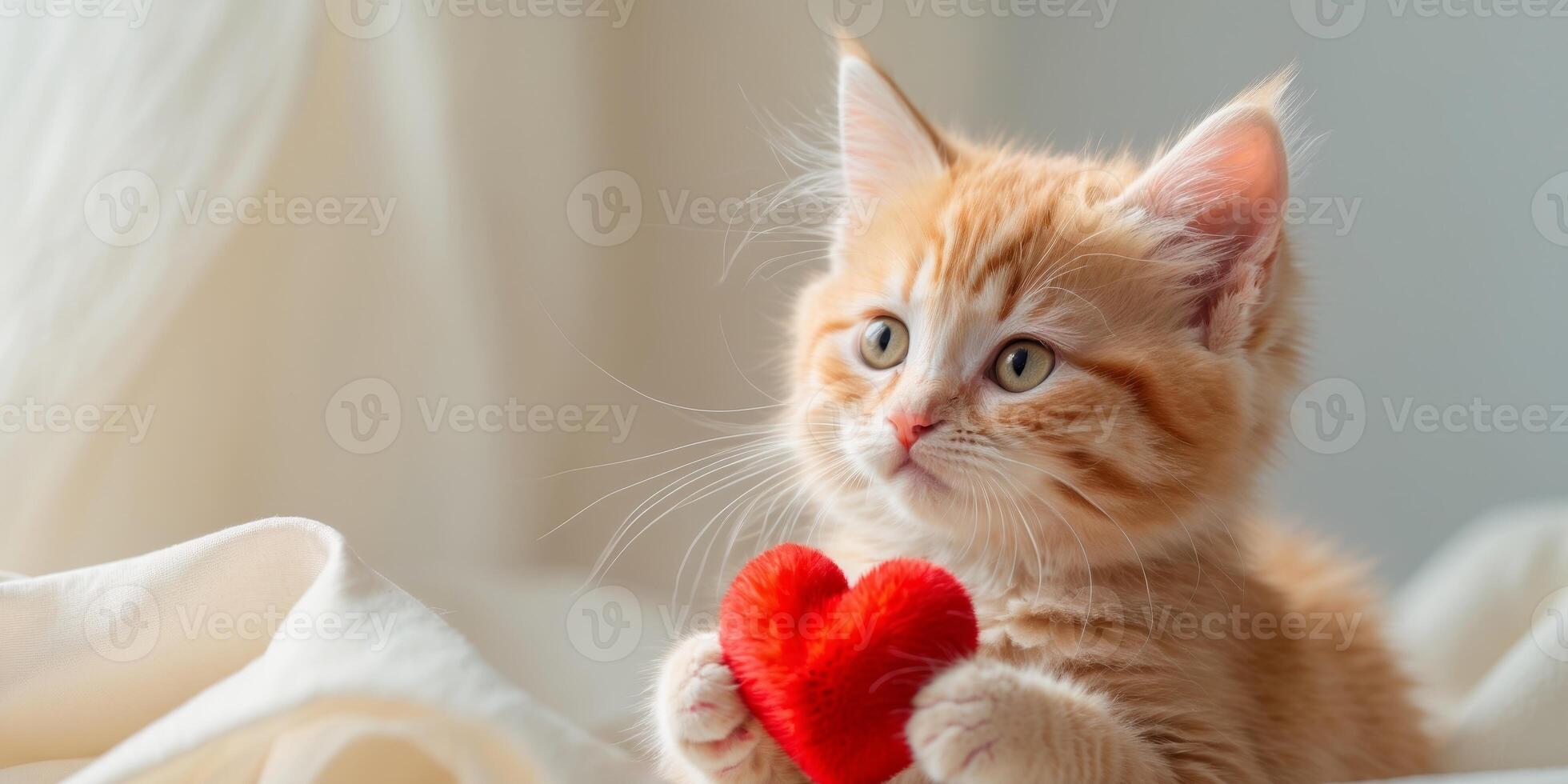 Sweet Ginger Kitten with Red Heart Toy Celebrating Love on Valentine's Day photo