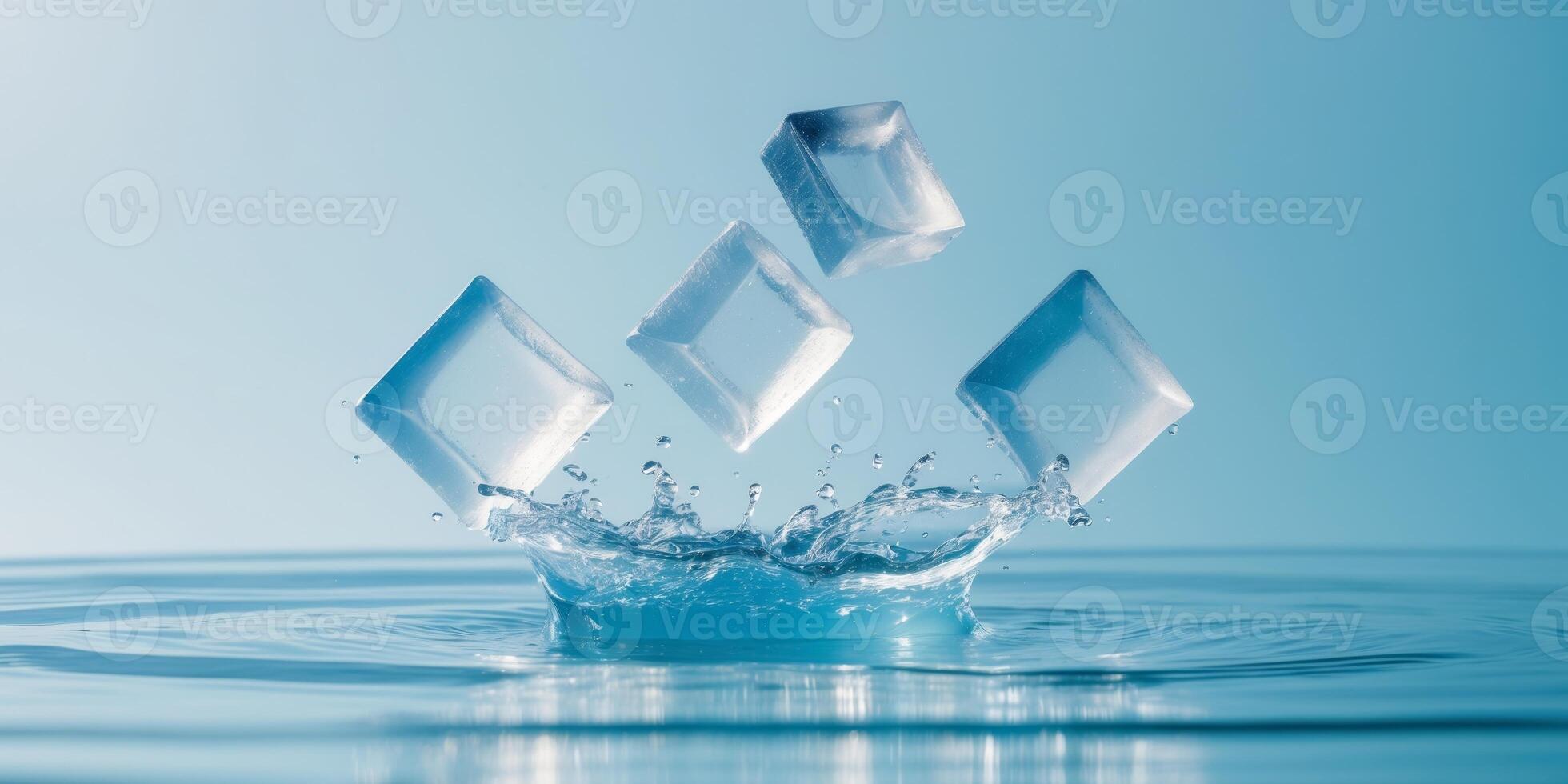 Ice Cubes Splashing in Clear Water with Blue Background. photo