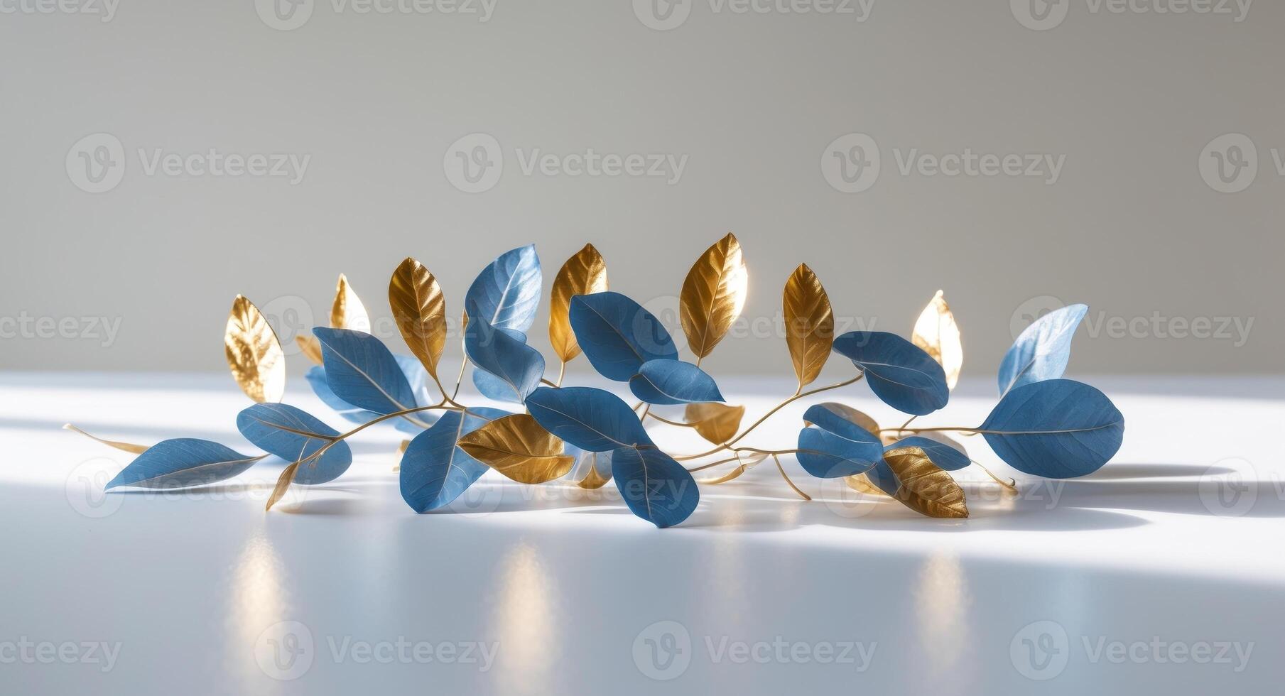 A cluster of blue and gold leaves arranged on a white surface photo