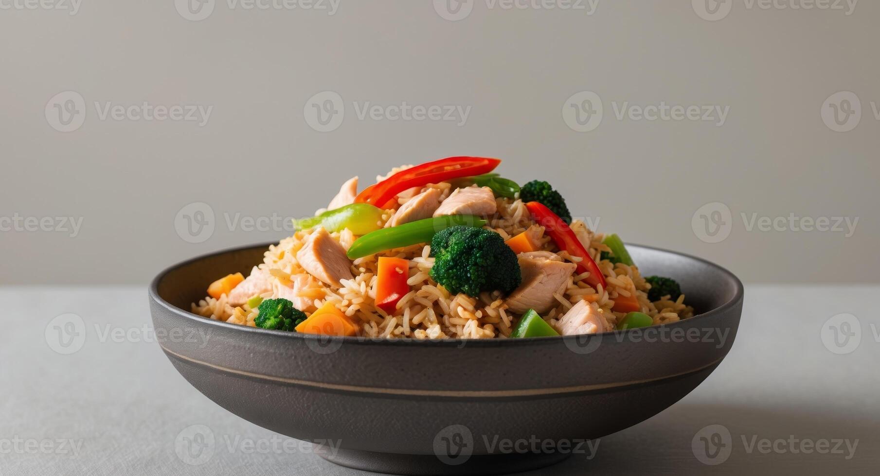Delicious chicken fried rice with vegetables served in a dark bowl ready to eat. photo