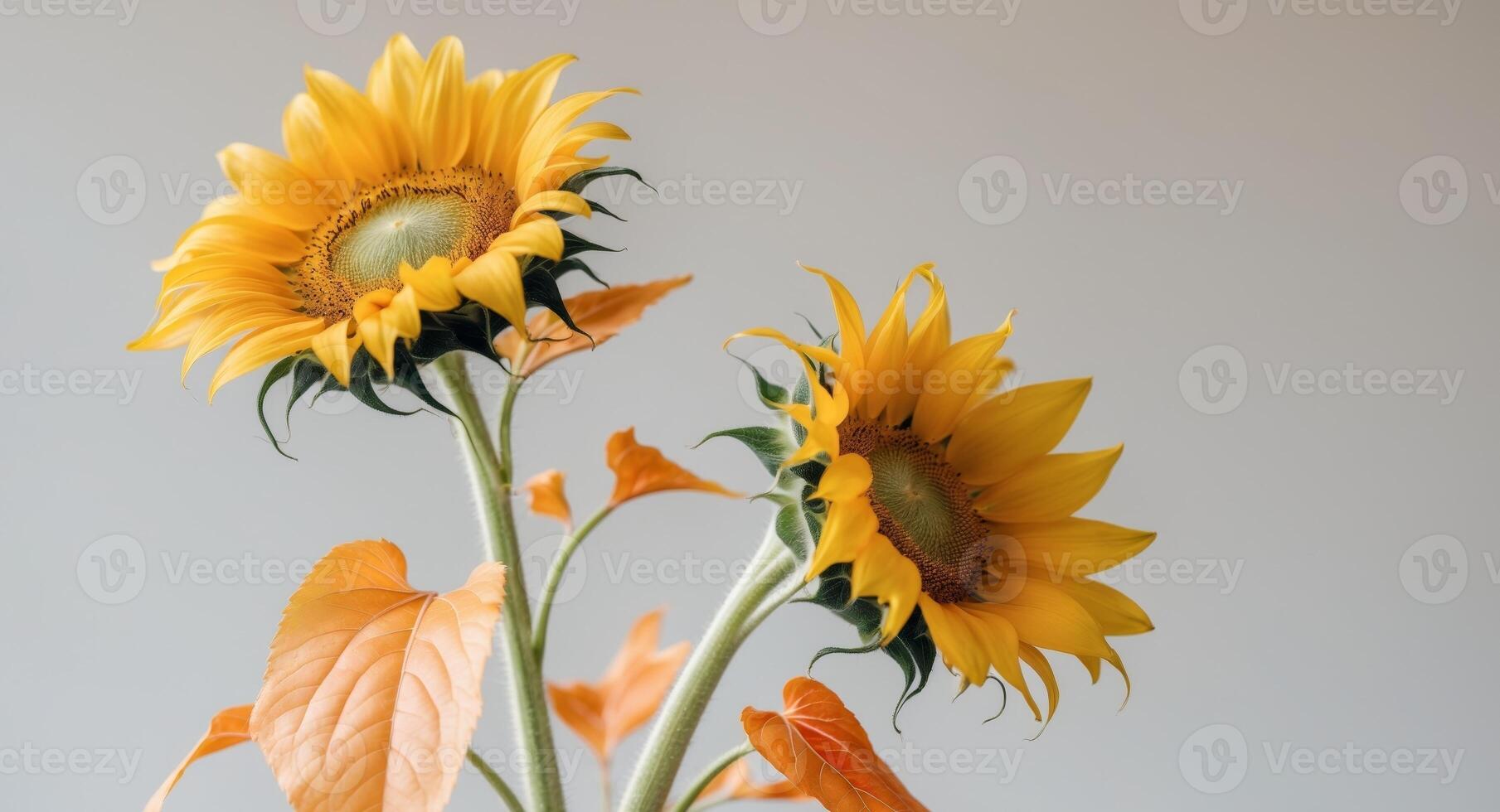 A close up of two yellow sunflowers with orange leaves photo
