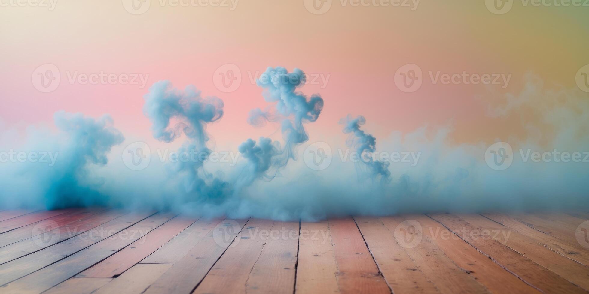 Smoke filling an empty room with wooden floor and colorful background. photo