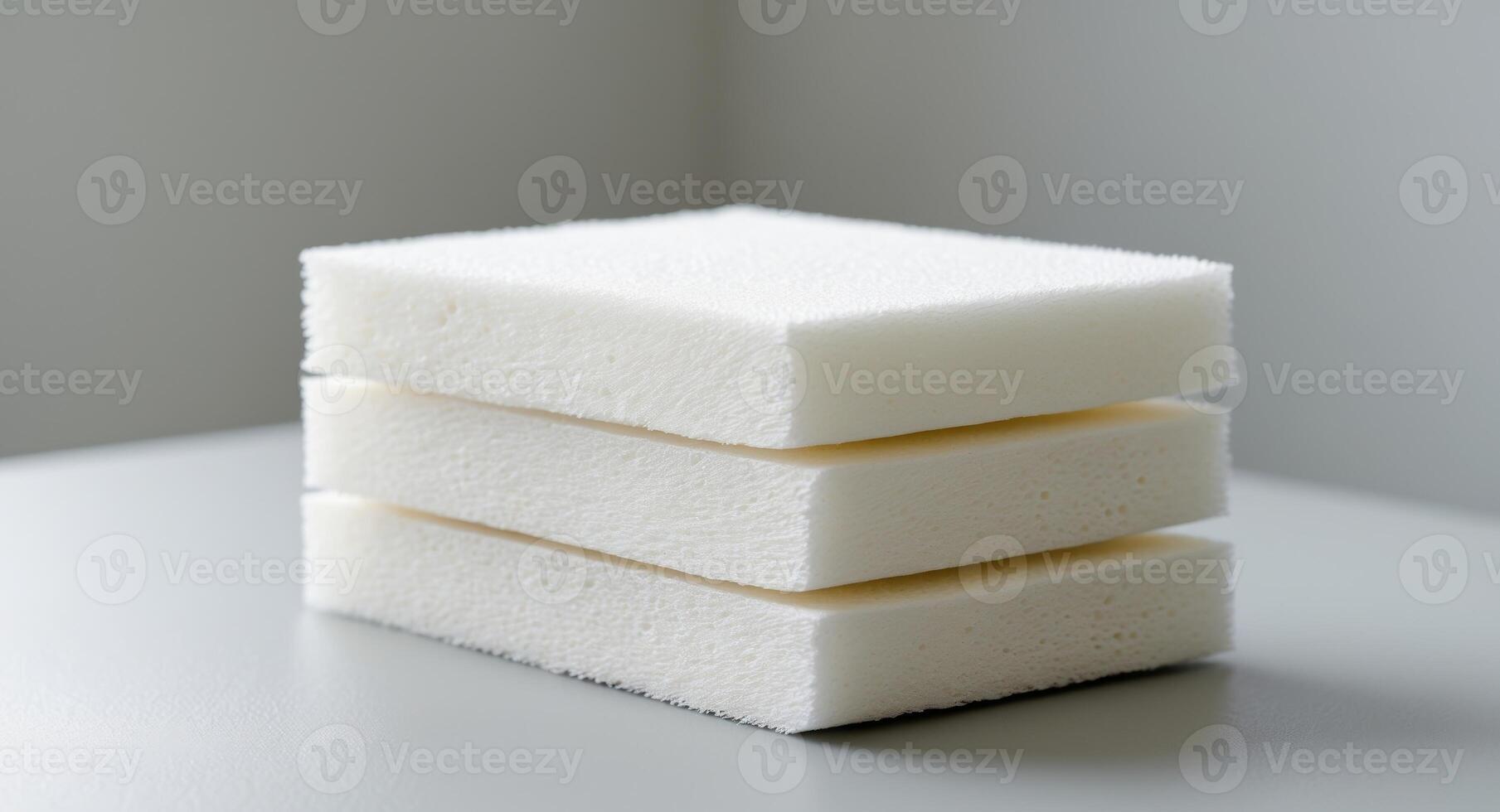 A stack of sponges resting on a table surface photo
