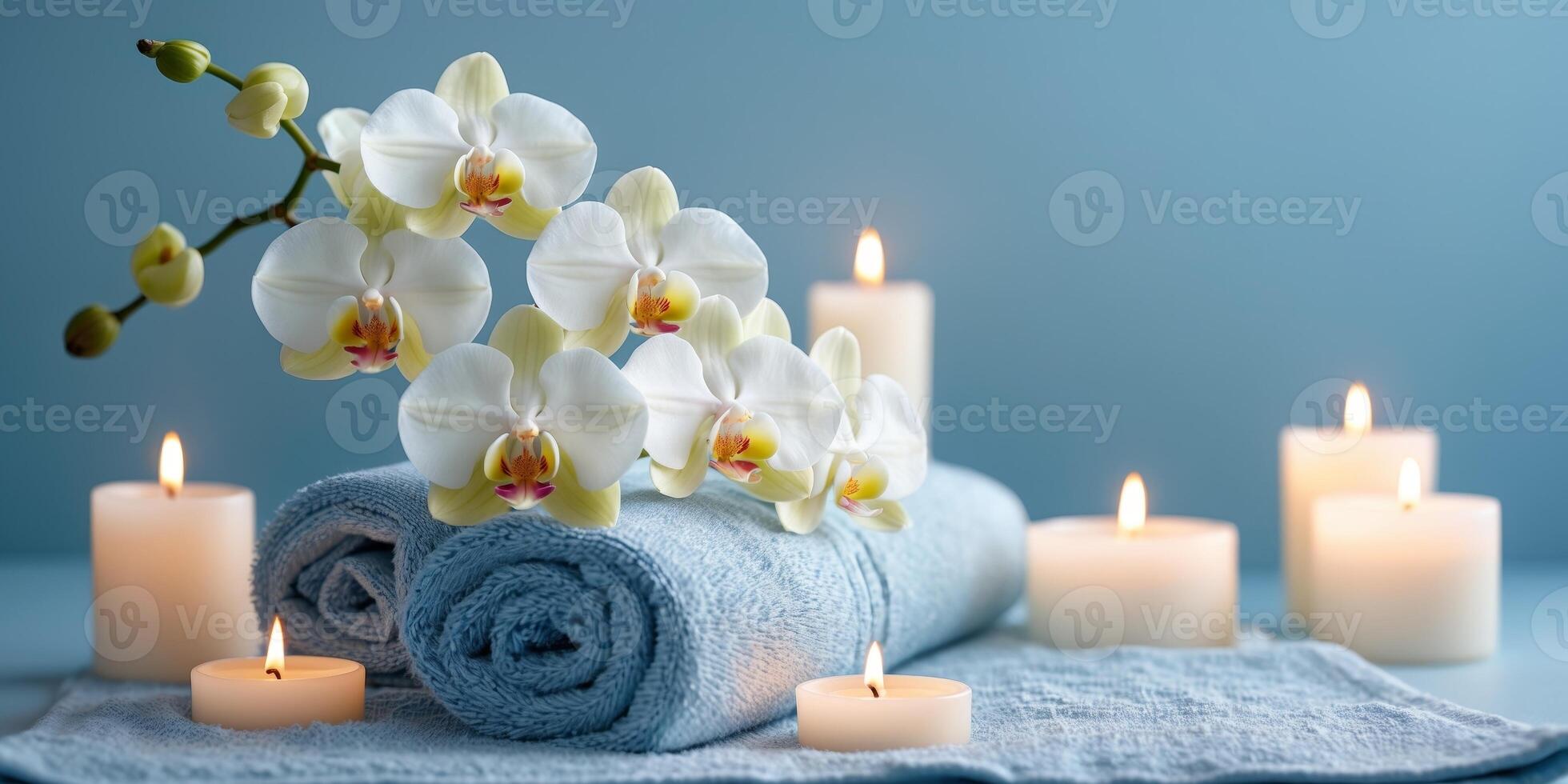 Spa composition with white orchids and candles on blue towel photo