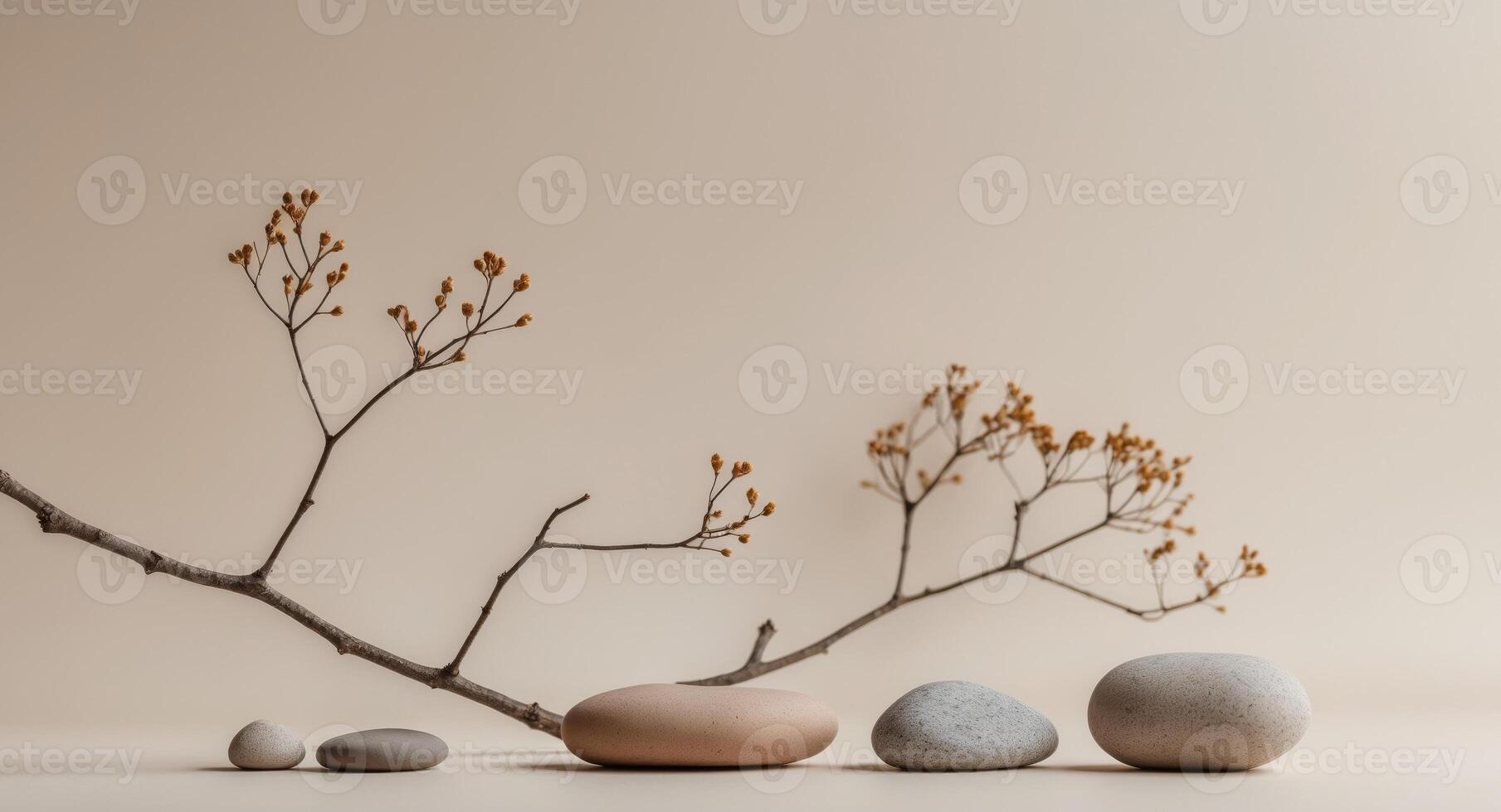 Neutral background with stones branch and natural colors ideal for beauty product branding and packaging Front perspective copy space . Mockup image photo