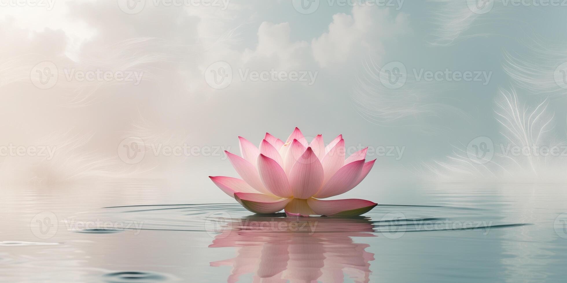 Serene Pink Lotus Blossom Floating on Calm Water Under a Cloudy Sky photo