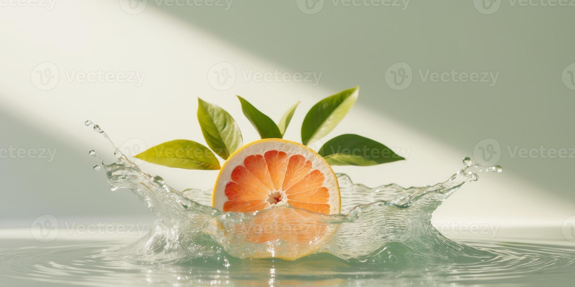 Refreshing grapefruit water splash with leaves and sunlight. photo