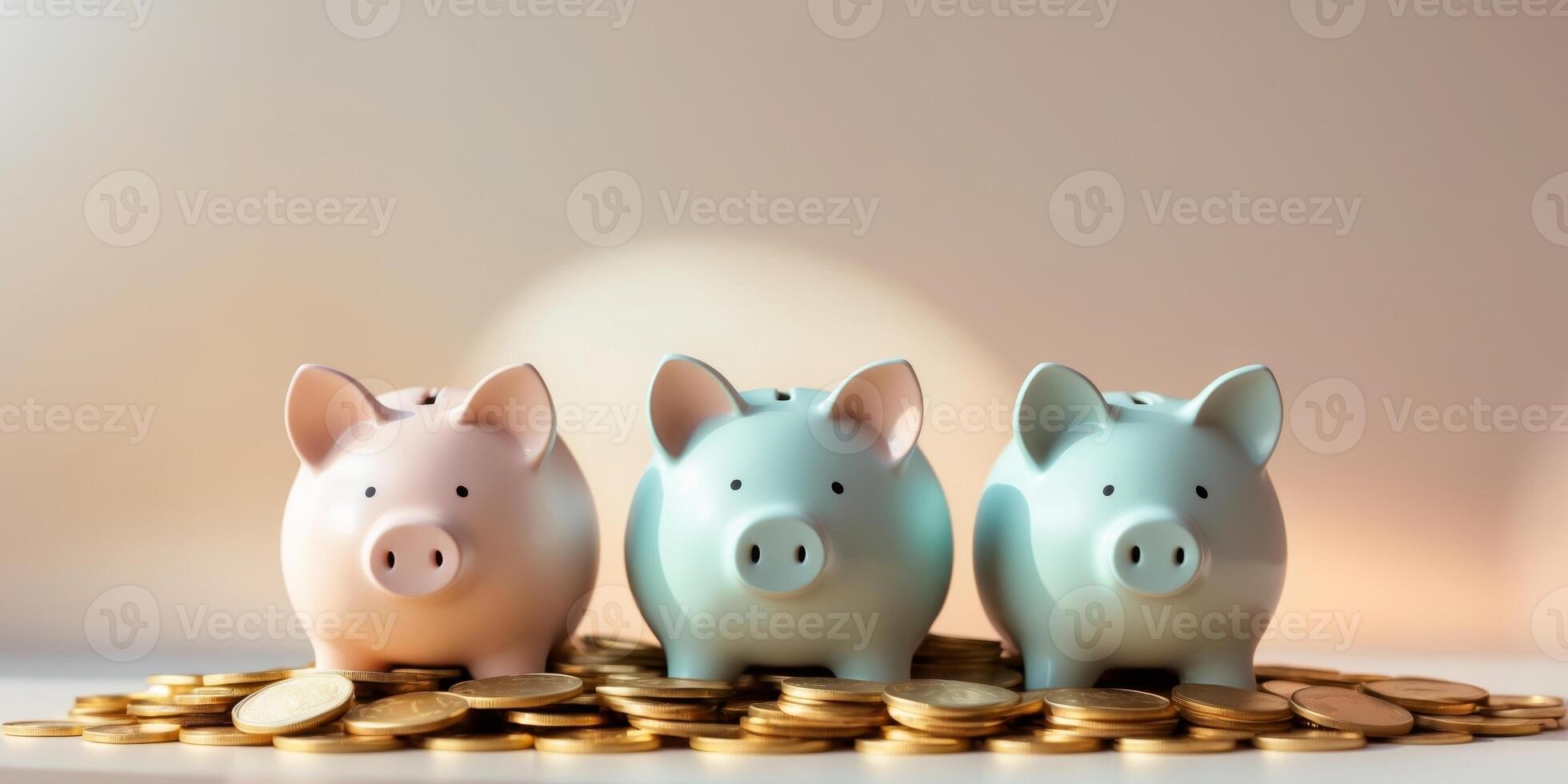 Pastel piggy banks on golden coins with warm gradient background photo