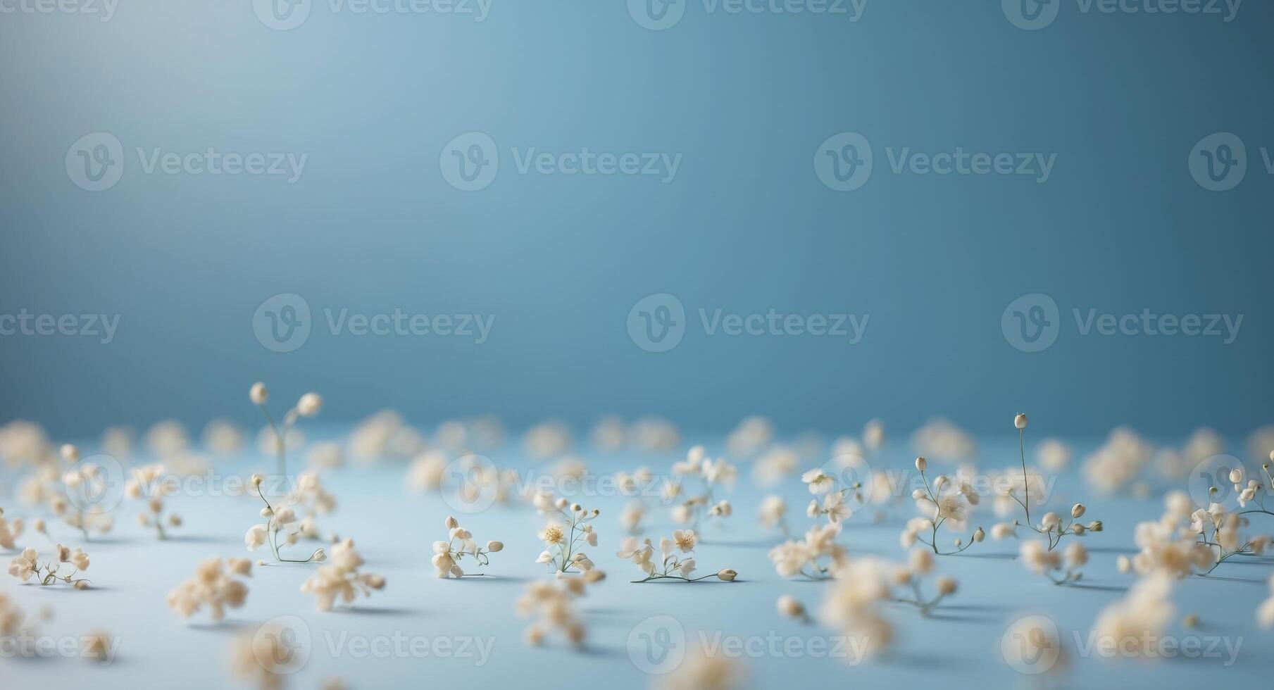 A blue background with a bunch of white flowers photo