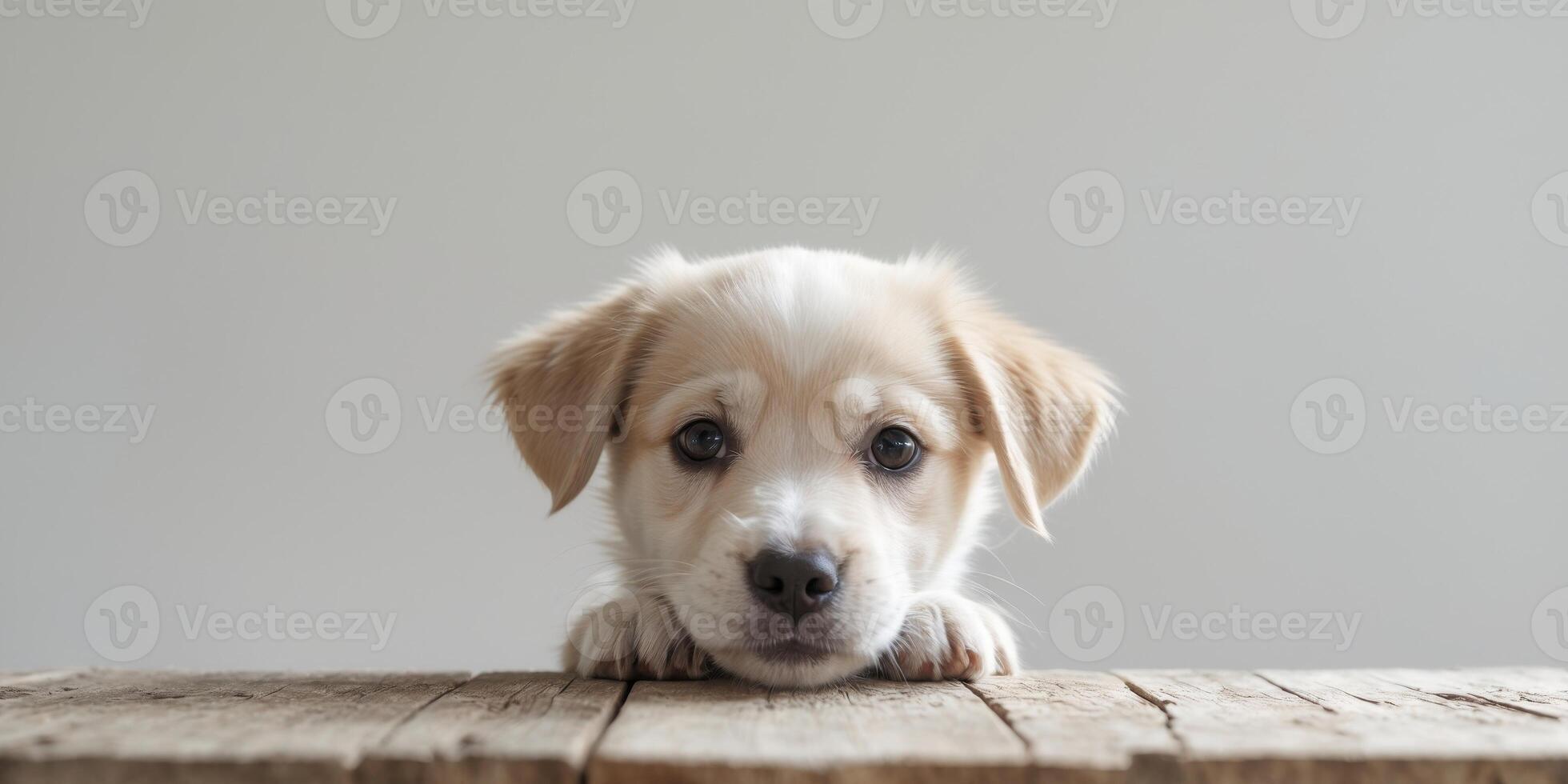 Adorable puppy peeking over wooden table in natural light. photo