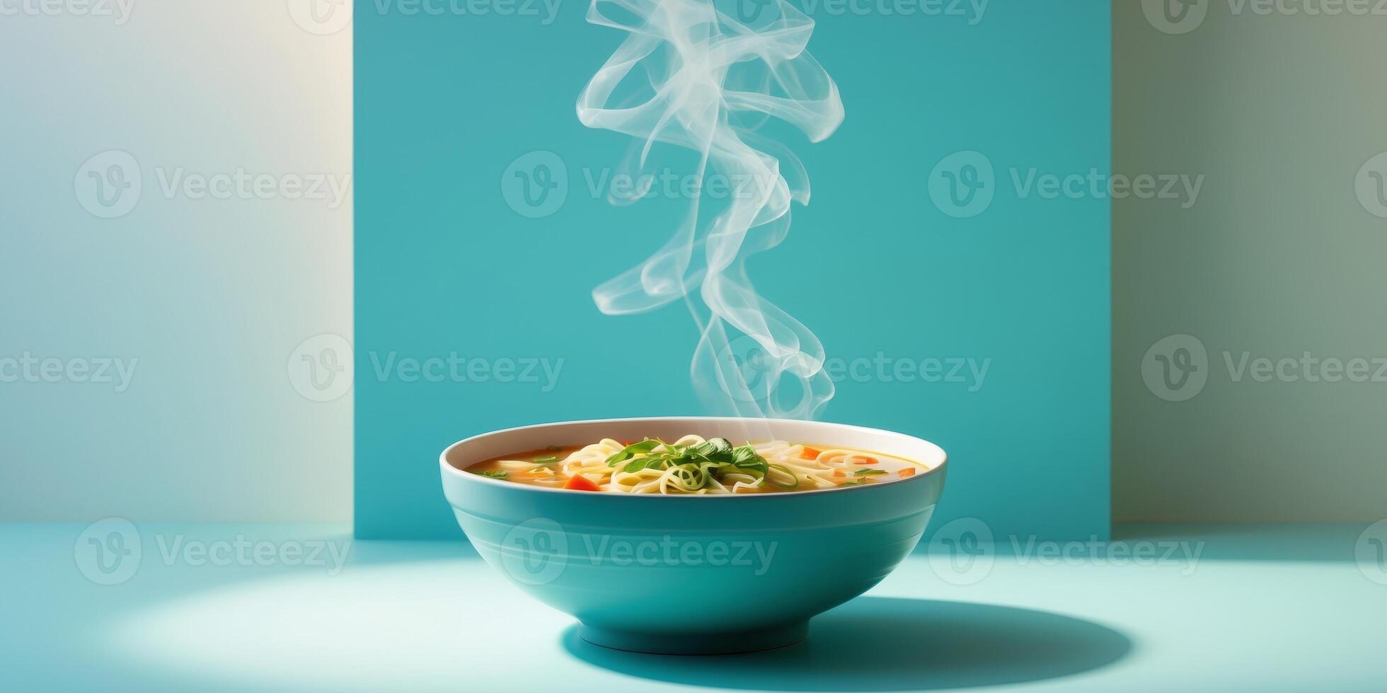 Bowl of vegetable noodle soup on a turquoise background with Copy Space for text. photo