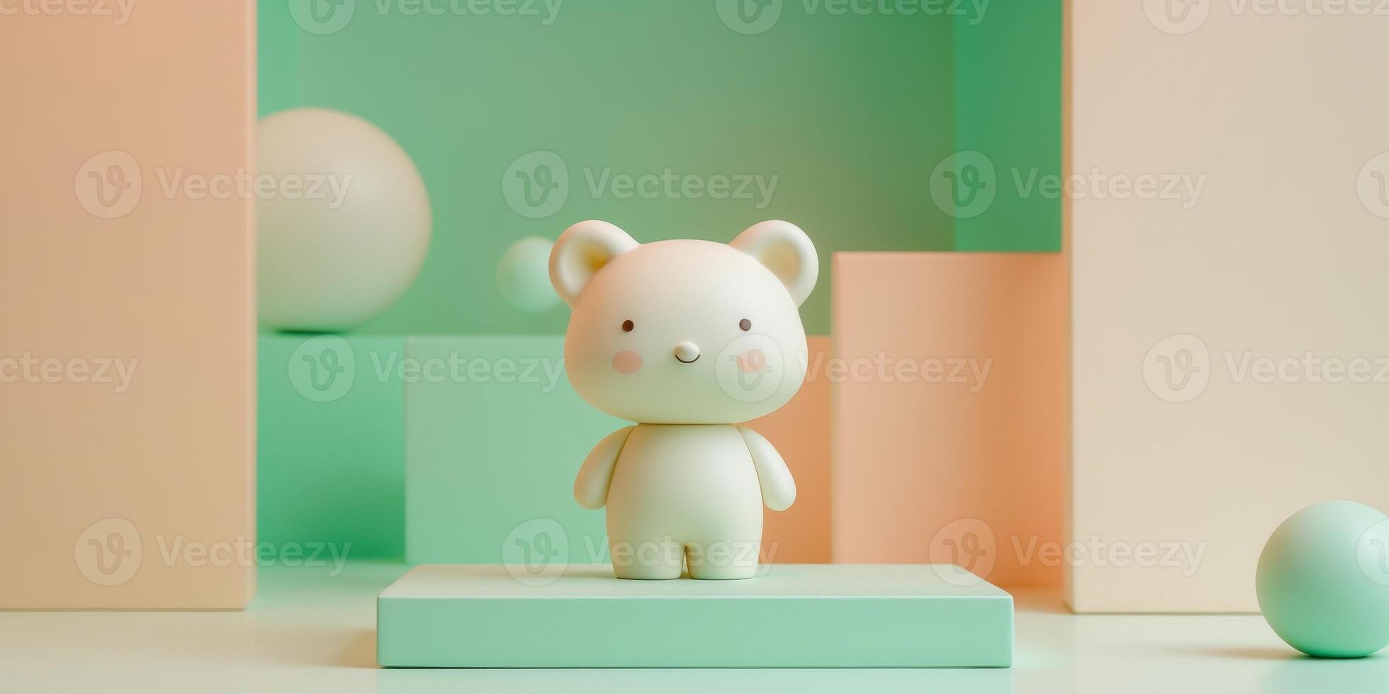 Cute Toy Figurine in Playful Display with Green and Peach Colors. photo