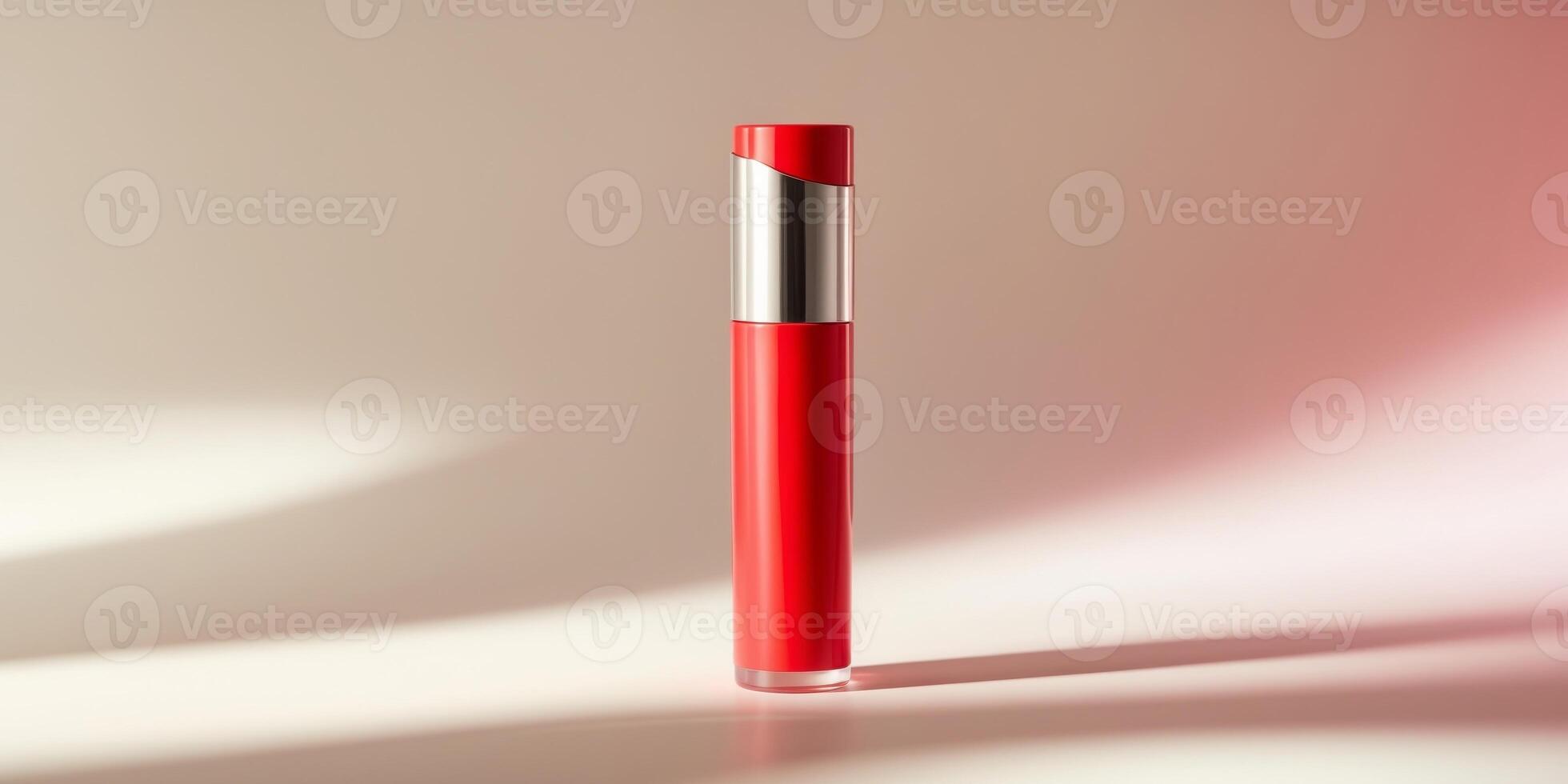 Bright Red Cosmetic Tube on Soft Gradient Background for Beauty. photo