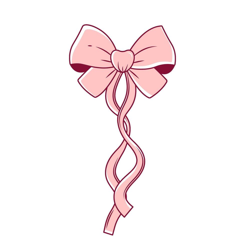Hand drawn coquette pink bow, ribbon. Cute girly design for Valentines day, wedding invitation, birthday greeting card, branding, logo. Vintage illustration on transparent background vector