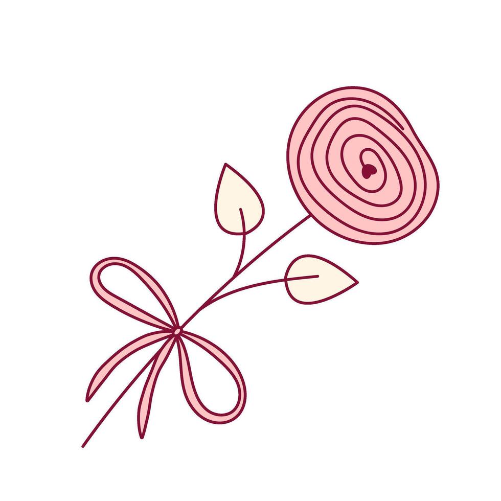 Hand drawn coquette pink flower with bow. Cute girly design for Valentines day, wedding invitation, birthday greeting card, branding, logo. Vintage illustration on transparent background vector