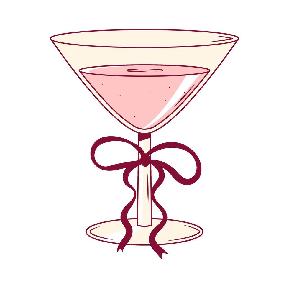 Hand drawn coquette pink cocktail martini with bow. Cute girly design for Valentines day, wedding, birthday, hen party, menu. Vintage illustration on transparent background vector