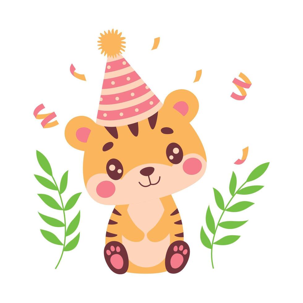 Happy Cute Tiger Animal Cartoon Character Wearing Cone Hat Celebrating Birthday Party vector