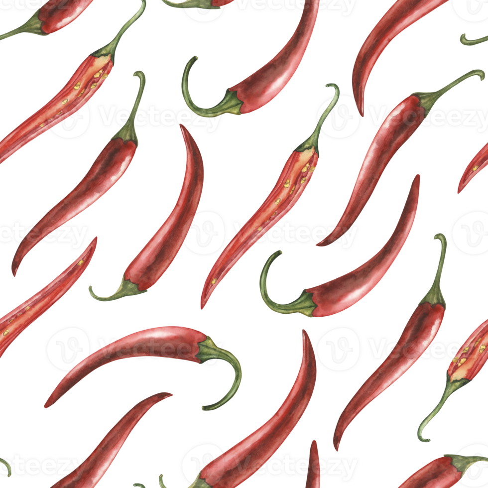 Seamless pattern with red hot chili pepper. Watercolor illustration is hand drawn in botanical style in red green shades. For design wallpaper, fabric, paper, packaging, textile, shoppers, tablecloths png