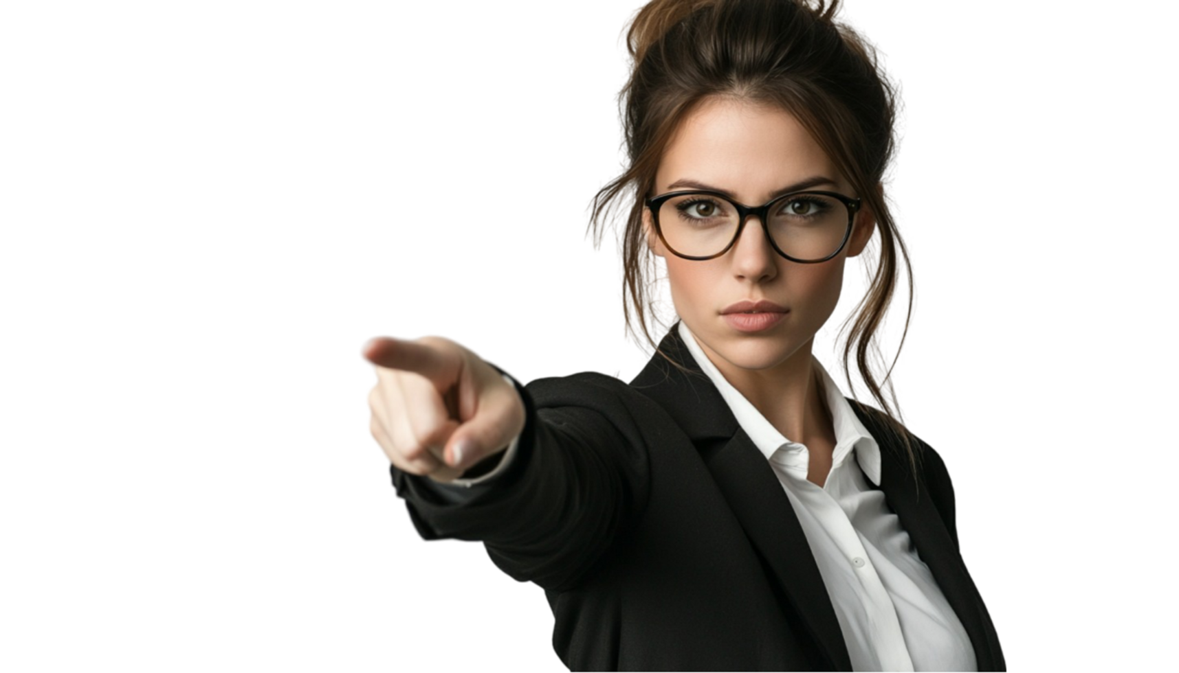 A stunning businesswoman in eyeglasses and a pent coat standing confidently pointing her finger png