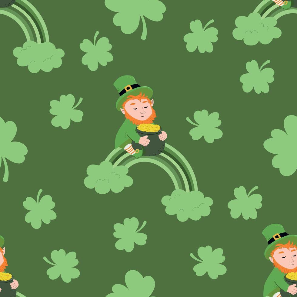 A seamless pattern with leprechauns and shamrocks vector
