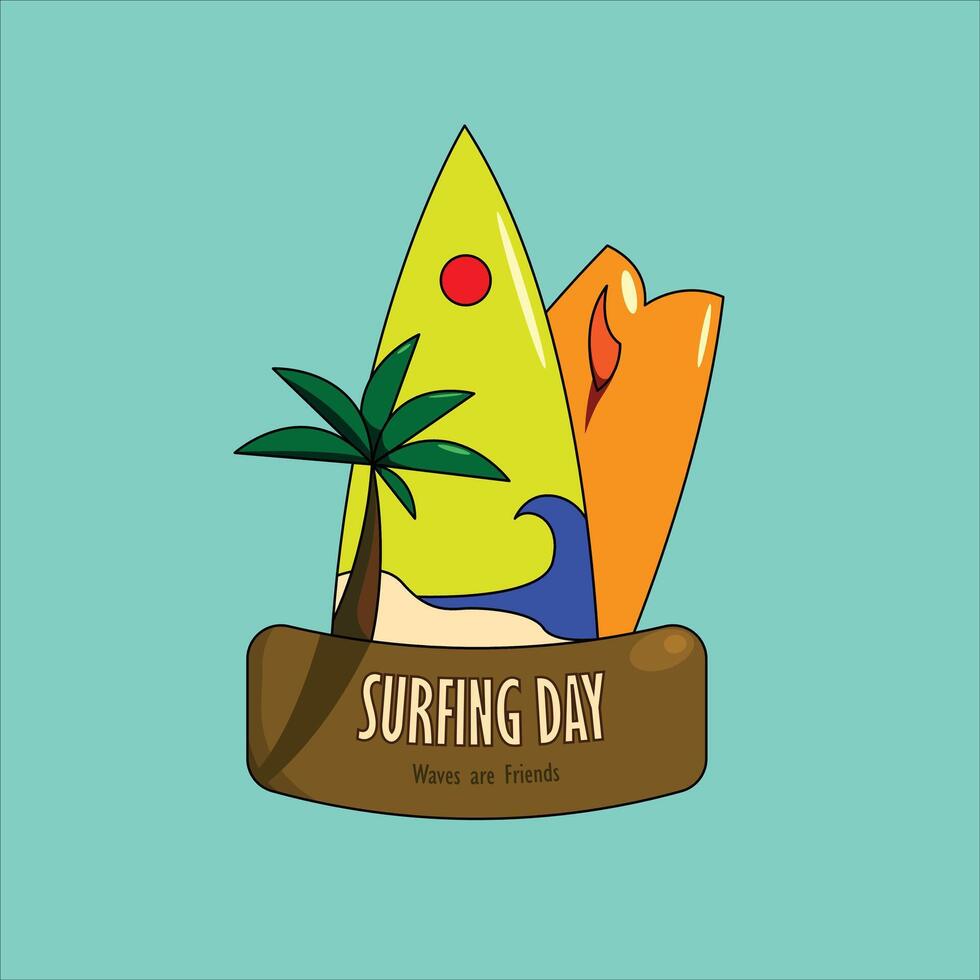 surfing day logo with surfboard and palm tree vector
