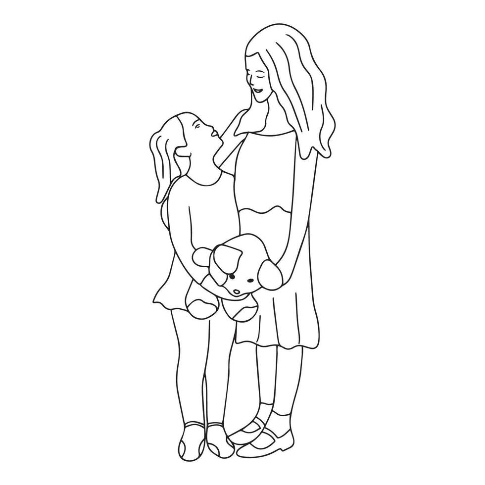 Two happy smiling sisters hugging each other. Hand drawn girls. illustration in doodle style on white background. Friendship concept. vector