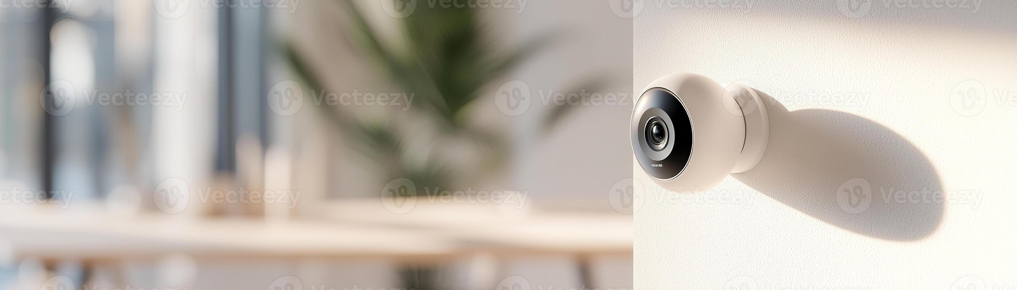 A modern security camera is mounted on a wall, set against a softly blurred office background. Natural light highlights its sleek design, creating a clean and professional atmosphere photo