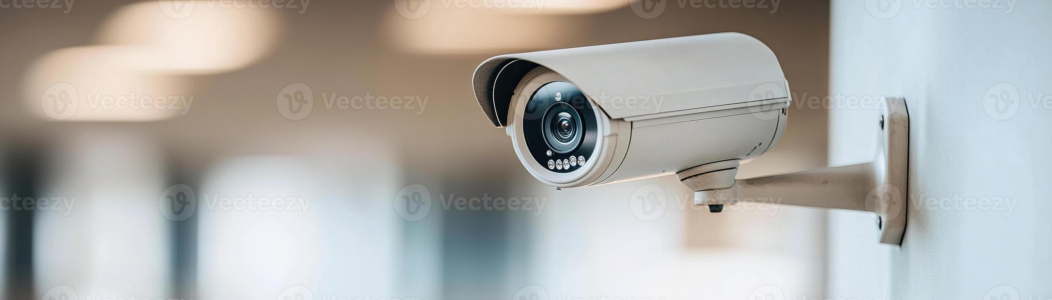 A sleek security camera is mounted on a wall, providing surveillance in an office setting. Soft natural light filters through, enhancing the professional atmosphere photo