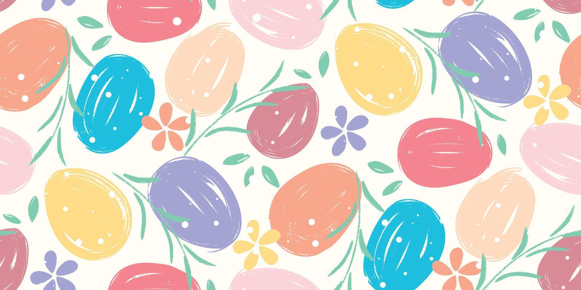Colored eggs, flowers and herbs seamless pattern vector