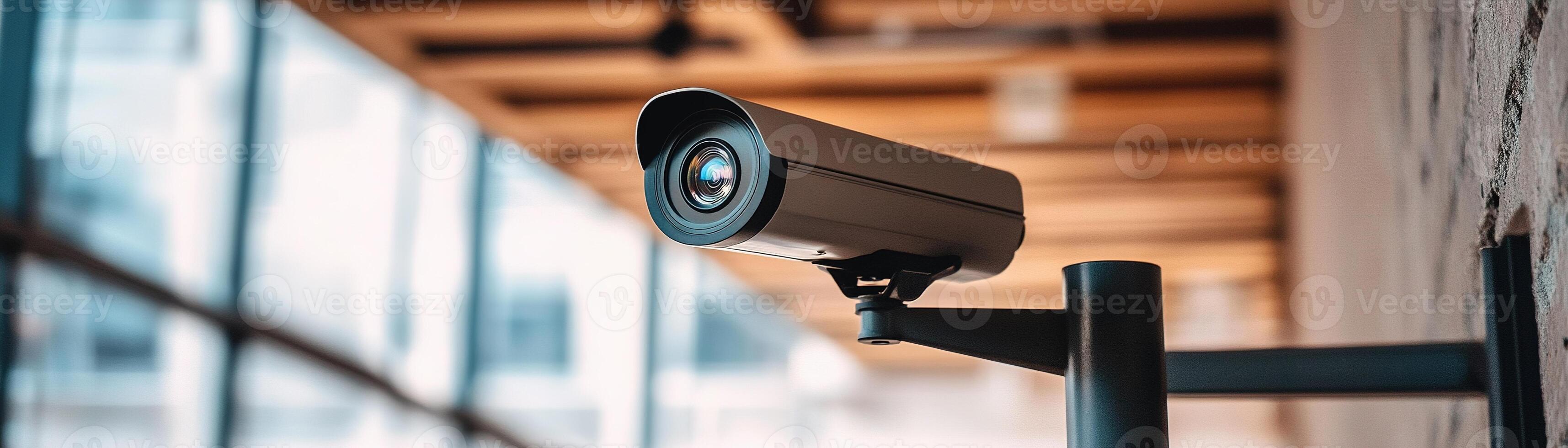 A contemporary security camera is securely installed on a wall, surveying the area. The soft focus reveals an office environment bathed in natural light, promoting a clean and professional ambiance photo