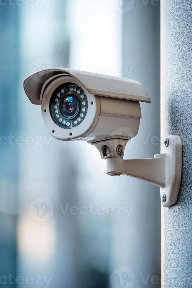 A sleek, modern security camera is mounted on the wall, offering a reliable view of the surrounding area. Natural light softens the office backdrop, promoting a professional ambiance photo