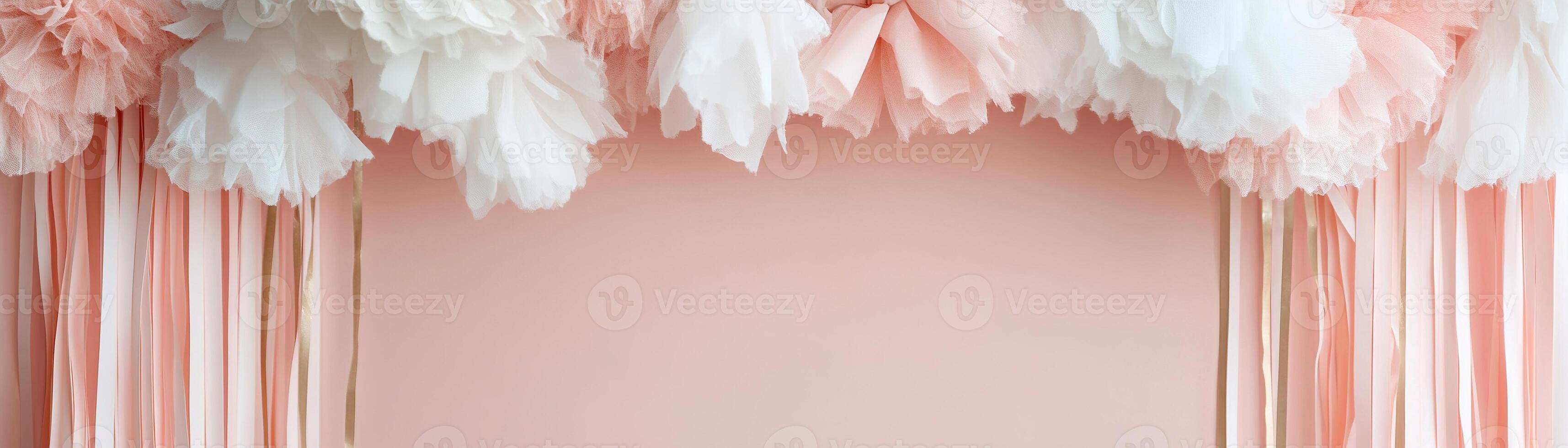 Soft pastel pink backdrop adorned with flowing streamers in white, gold, and blush tones offers a beautiful space for personalized text. Perfect for parties and celebrations photo