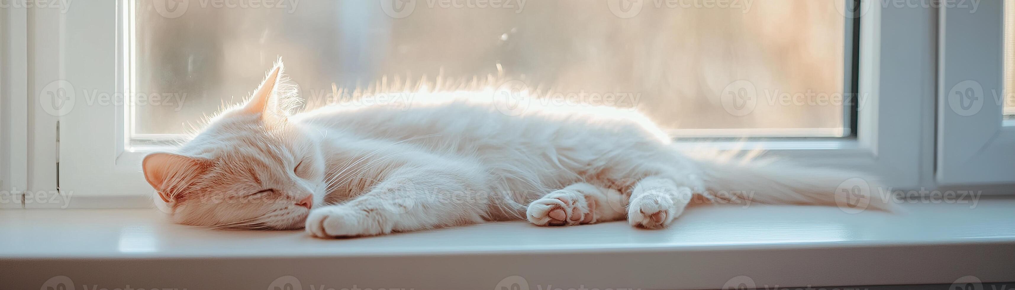 A fluffy cat lies peacefully curled up on a windowsill, basking in warm sunlight. The soft light enhances the serene atmosphere, creating a cozy scene perfect for relaxation photo