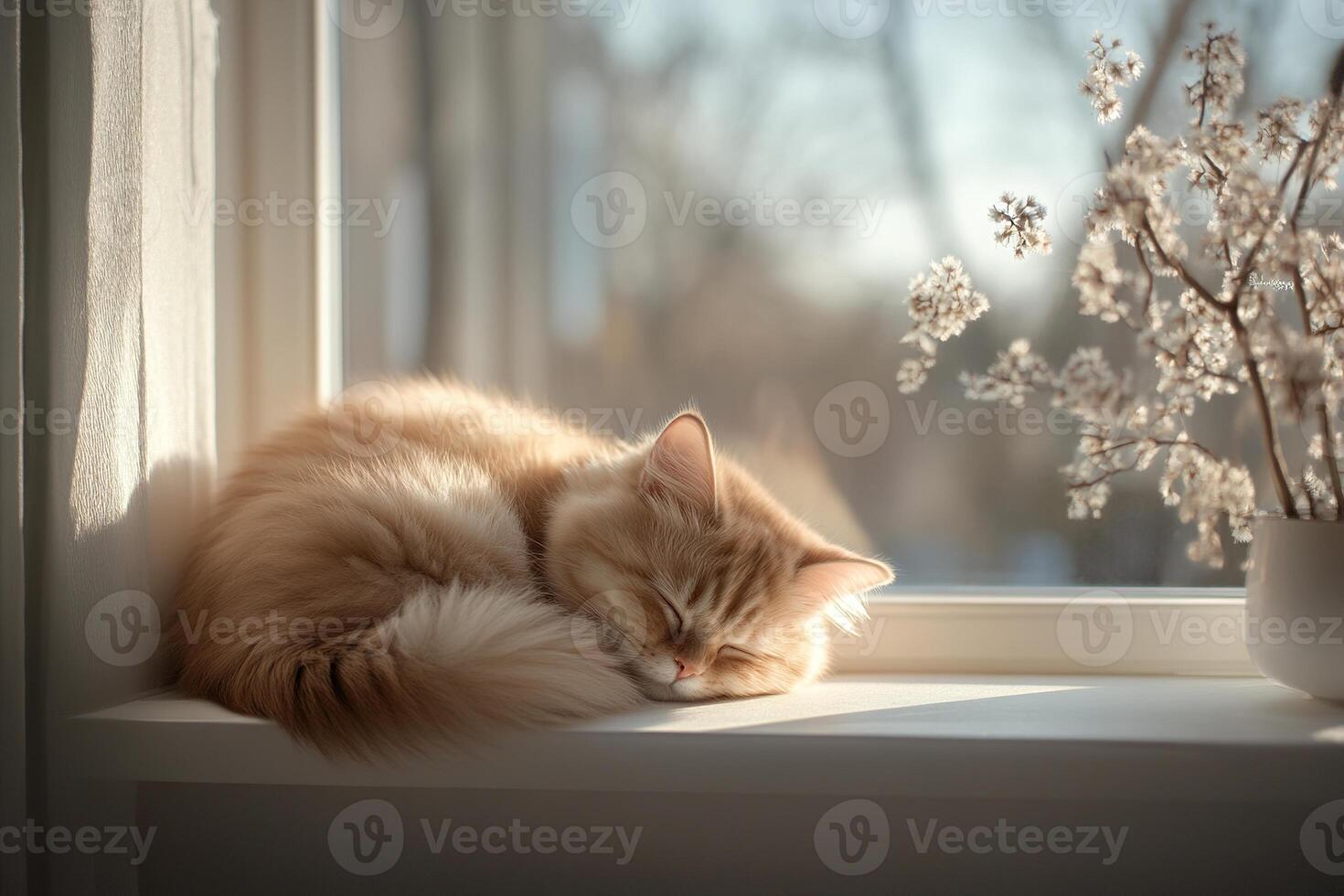 A fluffy pet curls up on a sunlit windowsill, illuminated by gentle natural light that highlights its fur. Nearby, a small vase holds delicate flowers, enhancing the serene ambiance photo