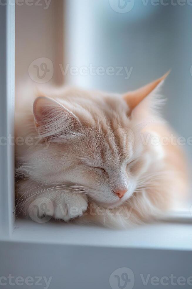 A pet is peacefully curled up on a windowsill with gentle sunlight streaming in, emphasizing the softness of their fur and adding to a tranquil setting photo