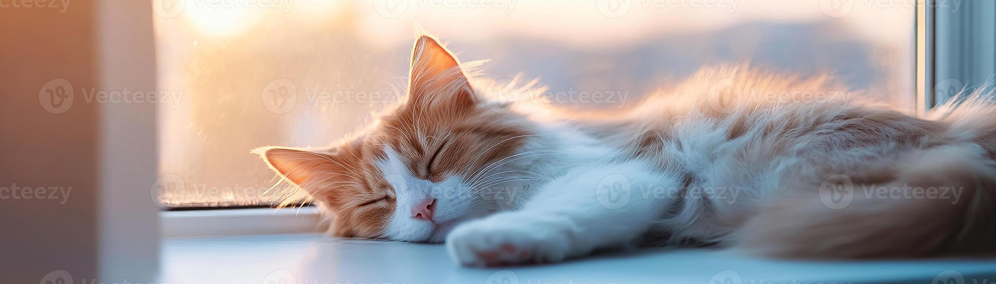 A pet curls contentedly on a windowsill, basking in gentle natural light. The sunlight enhances their fluffy fur, creating a tranquil and dreamy atmosphere perfect for napping photo