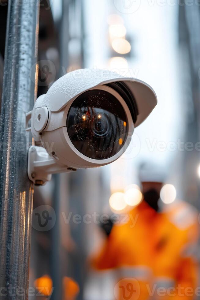 A rugged outdoor camera is securely mounted on scaffolding, capturing safety and security measures in the construction area. Blurred workers and machinery are visible in the background photo