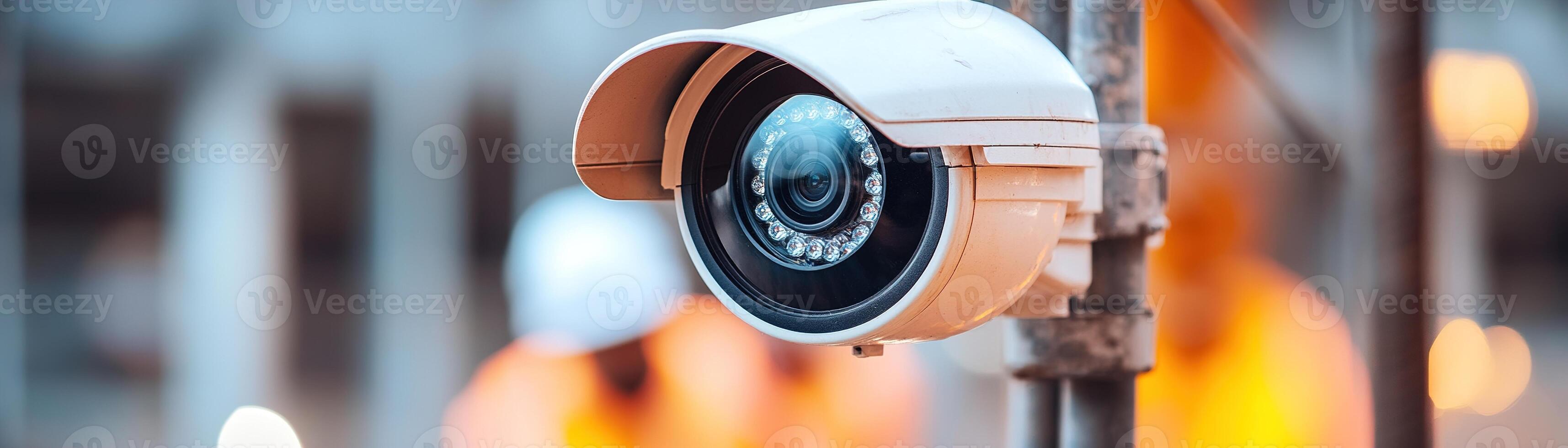 A rugged outdoor camera is securely mounted on scaffolding, capturing a view of construction workers and machinery in a blurred background, ensuring compliance with safety protocols on site photo