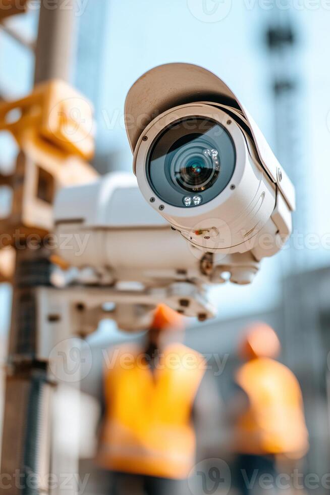 Rugged outdoor camera is mounted on scaffolding, monitoring a construction site. Construction workers in bright vests and machinery are visible in the softly focused background photo