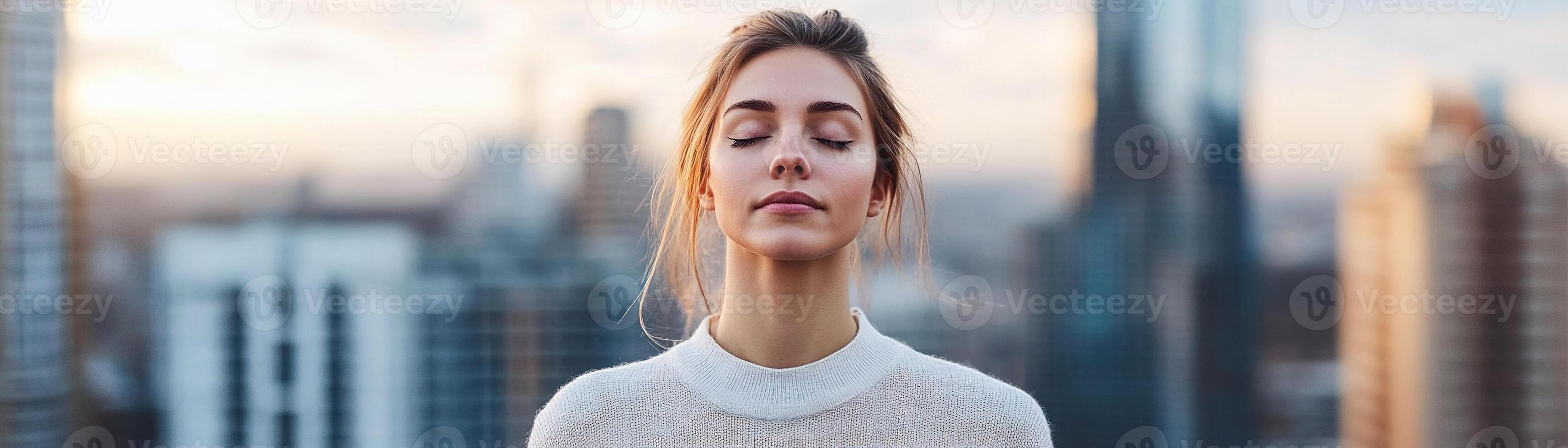Practicing yoga on a rooftop, a person finds tranquility against a backdrop of blurred high-rises during the golden hour, blending mindfulness with the urban landscape photo