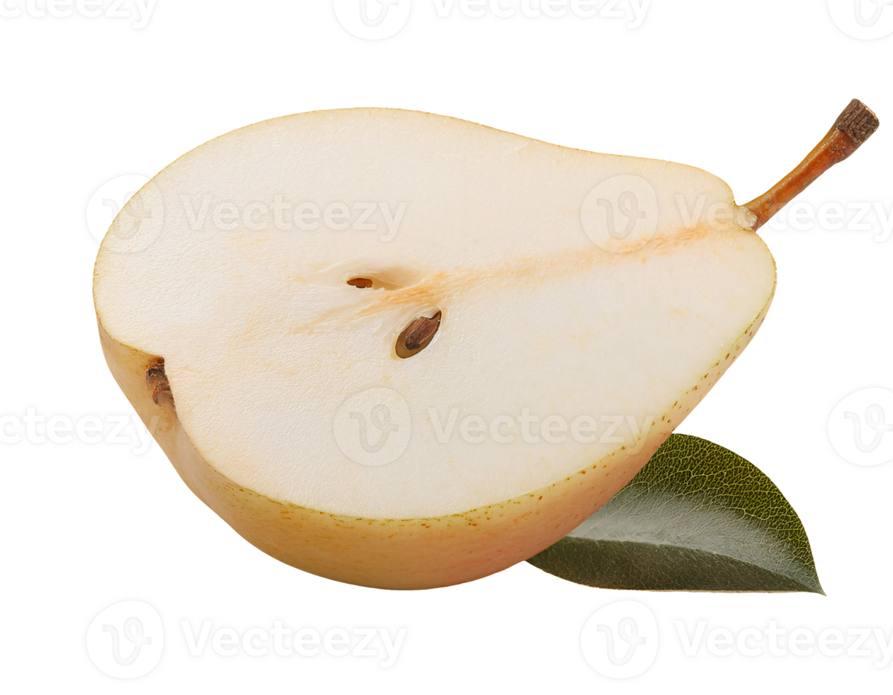 fresh pear slice with juicy white flesh and seeds, ripe fruit cut with stem and leaf on isolated background png