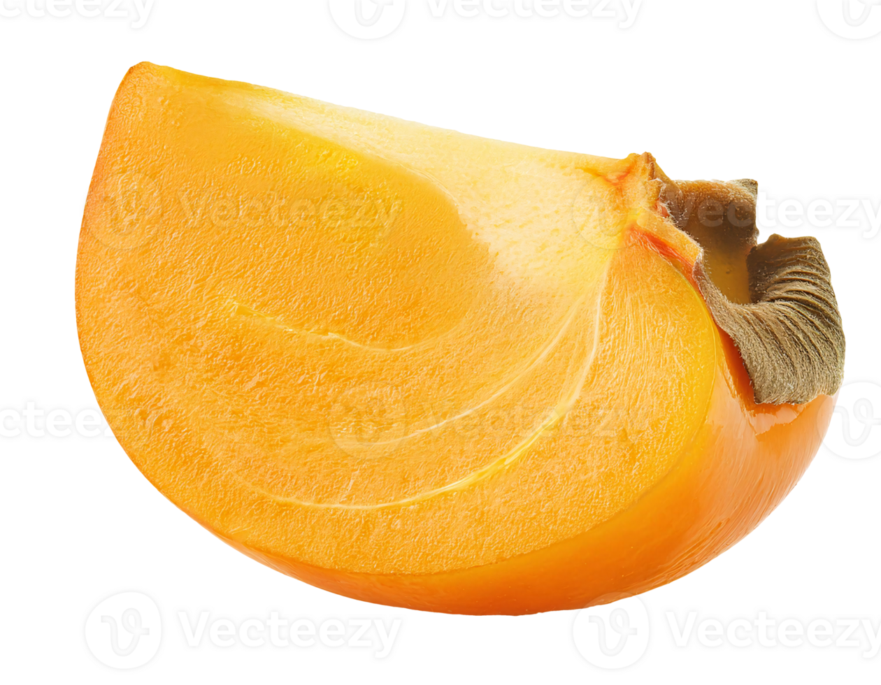 fresh persimmon slice with vibrant orange flesh and natural texture, ripe fruit cut with calyx on isolated background png