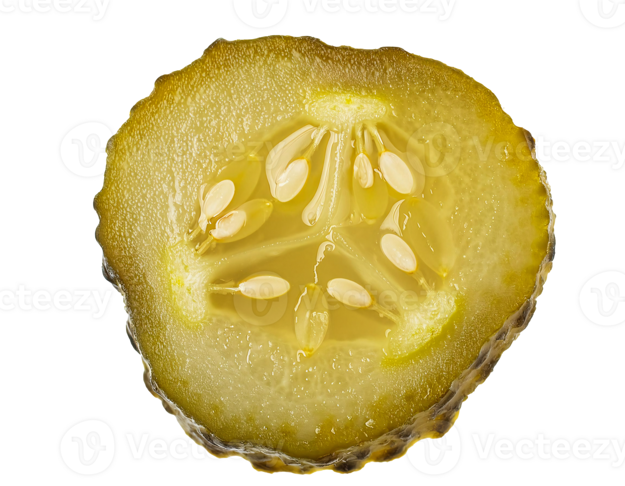 close-up of pickled cucumber slice with seeds and brine, fresh preserved cucumber cut on isolated background png