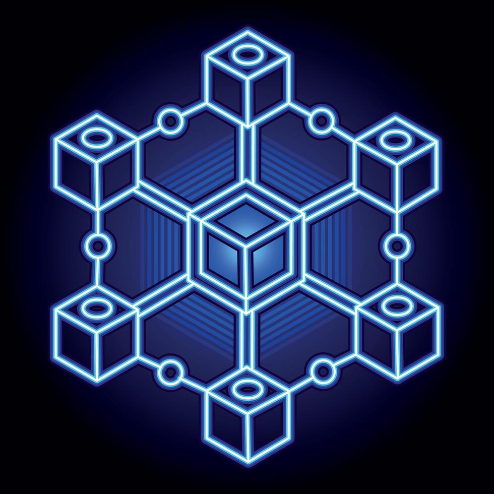 Neon blue blockchain cube network with interconnected nodes, symbolizing digital security and decentralization vector