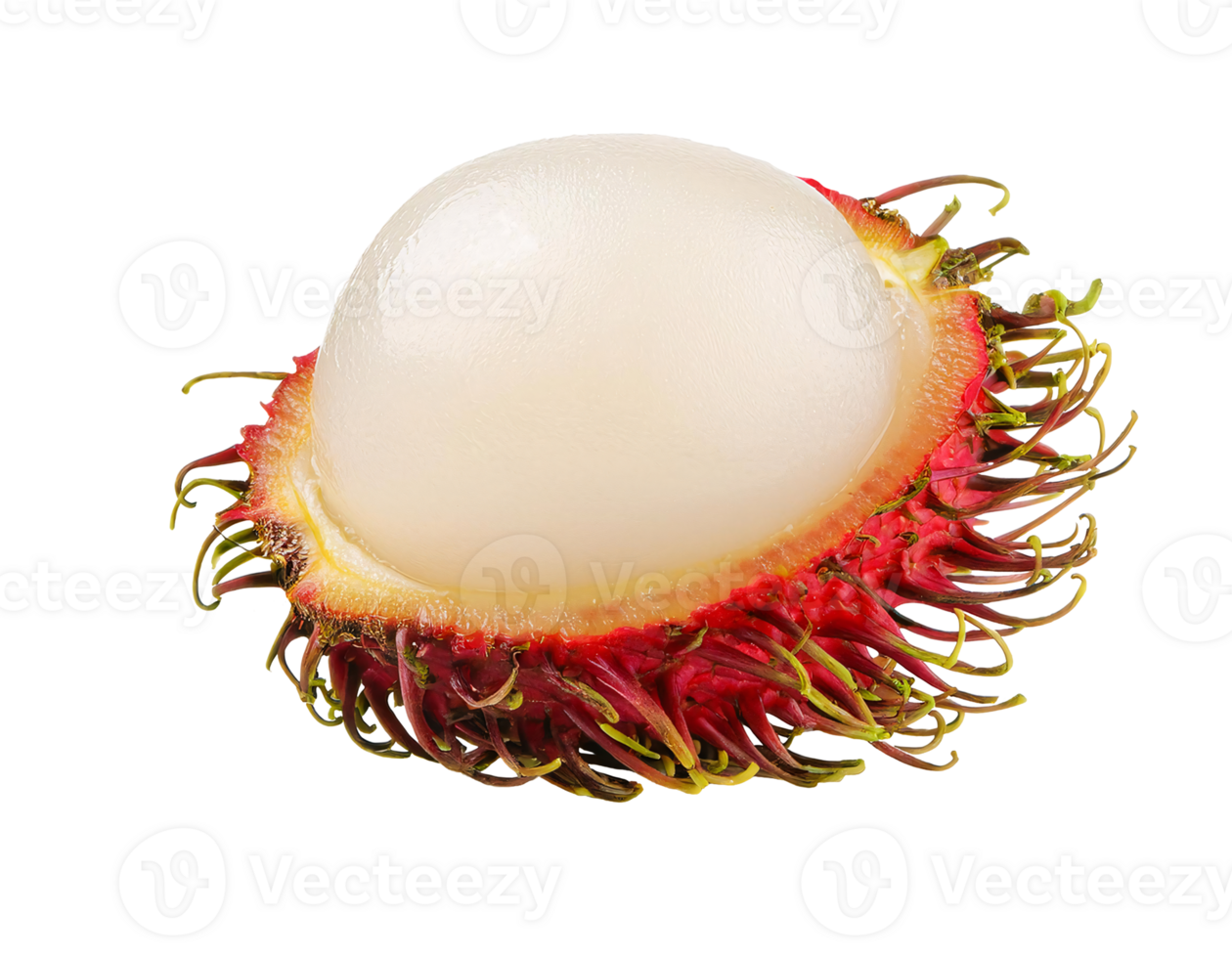 fresh peeled rambutan with red hairy shell and juicy white flesh on isolated background png