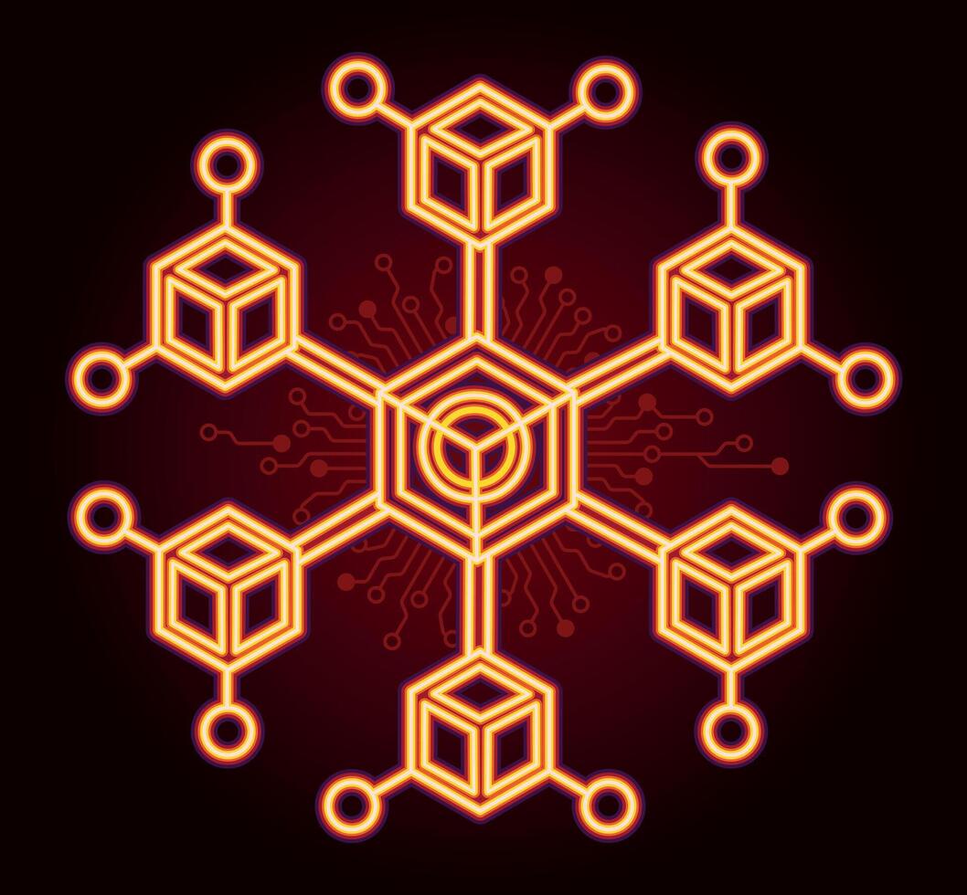 Neon red blockchain network with a deep-tech cybernetic background, symbolizing digital evolution vector