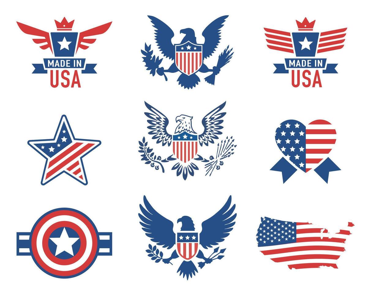 American Patriotic Symbols. Eagles, Flags, and Stars of the USA vector