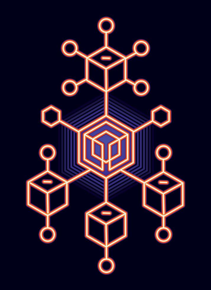 Neon orange blockchain structure with interconnected cubes, representing decentralization and digital networks vector