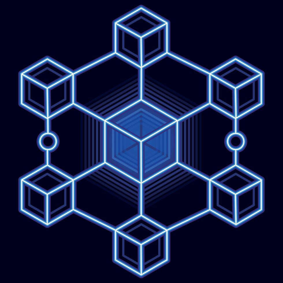 Neon blue blockchain cube network, symbolizing digital security, decentralization, and futuristic technology vector